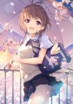  1girl :d antenna_hair black_skirt blue_sky blurry blurry_foreground blush breasts brown_hair brown_vest cherry_blossoms collared_shirt commentary_request cowboy_shot depth_of_field evening flower gradient_sky highres holding holding_umbrella light_particles looking_at_viewer miniskirt moe2019 nijihashi_sora open_mouth original outdoors petals pleated_skirt railing school_uniform shirt short_hair short_sleeves skirt sky small_breasts smile solo standing sunlight sunset tree umbrella vest violet_eyes white_flower white_shirt 