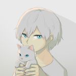 1other androgynous animal avogado6 blue_eyes cat commentary covering_mouth holding holding_animal holding_cat looking_at_viewer original portrait shadow shirt short_hair simple_background solo white_background white_cat white_hair white_shirt yellow_skin 