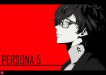  1boy absurdres amamiya_ren chris_re5 copyright_name from_side glasses greyscale hair_over_one_eye highres male_focus monochrome persona persona_5 profile red_background signature solo spot_color turtleneck wavy_hair 