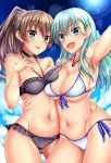  2girls akizuki_akina aqua_hair asymmetrical_docking beach bikini blue_bikini blush breast_press breasts brown_hair cleavage collarbone day deep_skin frilled_bikini frills front-tie_top green_eyes hair_ornament hairclip highres kantai_collection kumano_(kantai_collection) large_breasts long_hair medium_breasts multiple_girls navel open_mouth outdoors parted_lips ponytail purple_bikini shiny shiny_hair side-tie_bottom straight_hair suzuya_(kantai_collection) swimsuit upper_body 