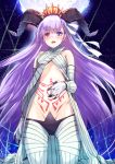  1girl bangs breasts crown detached_sleeves eyebrows_visible_through_hair fate/grand_order fate_(series) from_below gloves heterochromia horns kingprotea kyougoku_touya long_hair looking_at_viewer medium_breasts navel open_mouth purple_hair solo tattoo very_long_hair violet_eyes 