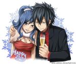 1boy 1girl 2015 arya-aiedail black_hair black_jacket black_neckwear blue_eyes blue_hair breasts brown_eyes collared_shirt couple cup dress fairy_tail gray_fullbuster hair_between_eyes hair_ornament hand_on_another&#039;s_shoulder happy_new_year holding holding_cup jacket juvia_lockser large_breasts long_hair looking_at_viewer necktie new_year open_clothes open_jacket parted_lips ponytail red_dress red_shirt shirt sleeveless sleeveless_dress smile snowflakes spiky_hair v-shaped_eyebrows watermark web_address white_background wing_collar 
