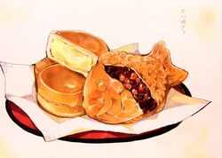  bean_paste fish food food_request highres imagawayaki marker_(medium) no_humans original still_life taiyaki taiyaki_(food) ten&#039;non traditional_media translated wagashi 