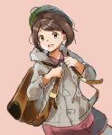  1girl absurdres backpack bag bangs brown_hair coat creatures_(company) driftingtiger female_protagonist_(pokemon_swsh) game_freak green_hat hat highres looking_at_viewer nintendo open_mouth pokemon pokemon_(game) pokemon_swsh short_hair simple_background skirt smile solo standing tagme teeth tongue upper_body 