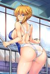  1girl ahoge artoria_pendragon_(all) artoria_pendragon_(lancer) ass ass_visible_through_thighs bangs bare_shoulders blue_eyes braid breasts commentary_request competition_swimsuit cowboy_shot eyebrows_visible_through_hair fate/grand_order fate_(series) french_braid hair_between_eyes highres impossible_clothes impossible_swimsuit indoors large_breasts leaning_forward lens_flare looking_at_viewer one-piece_swimsuit pool pool_ladder poolside shirokuma_a sidelocks smile solo sunlight swimsuit thigh_gap thighs water wet white_swimsuit wide_hips window 