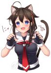  1girl ahoge animal_ears bangs black_serafuku blue_eyes blush braid brown_hair cat_ears cat_tail collarbone commentary_request eyebrows_visible_through_hair fang fangs fingerless_gloves gloves hair_between_eyes hair_flaps hair_ornament hair_over_shoulder hair_ribbon hairclip ittokyu kantai_collection long_hair looking_at_viewer neckerchief open_mouth paw_pose red_neckwear ribbon school_uniform serafuku shigure_(kantai_collection) short_sleeves simple_background single_braid smile solo tail white_background 