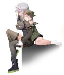  2girls bare_shoulders blush boots breast_grab breasts g11_(girls_frontline) girls_frontline gloves grabbing grey_legwear hair_ornament hand_holding hat highres hk416_(girls_frontline) ihobus jacket large_breasts long_hair multiple_girls nose_bubble off_shoulder simple_background sitting skirt sleeping smile socks thigh-highs trembling white_gloves white_legwear 