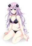  1girl absurdres adult_neptune bare_legs bare_shoulders bikini black_bikini black_choker blush breasts choker cleavage curly_hair d-pad d-pad_hair_ornament flower full_body hair_ornament highres long_hair medium_breasts navel neptune_(series) pia_(5pianno) purple_flower purple_hair purple_rose rose seiza shin_jigen_game_neptune_vii signature simple_background sitting smile smug solo swimsuit very_long_hair violet_eyes white_background 