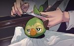  closed_mouth comb creature creatures_(company) face game_freak gen_8_pokemon green_eyes grookey hairdressing hands highres holding holding_comb holding_scissors meme monkey nintendo oskar_vega pokemon pokemon_(creature) scissors solo_focus unamused 