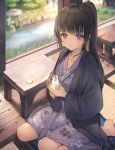  1girl absurdres alternate_hairstyle bang_dream! bangs barefoot black_hair black_jacket bottle commentary_request floral_print highres holding holding_bottle indoors jacket japanese_clothes kimono long_hair looking_at_viewer nogi_momoko ponytail purple_kimono shirokane_rinko sidelocks sitting sitting_on_floor smile solo stream table tatami violet_eyes wariza window wooden_floor 