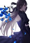  1girl bad_arm black_bow black_gloves blue_dress blue_flower bouquet_toss bow brown_eyes brown_hair dress elbow_gloves flower gloves hair_bow hand_up lilianlotus long_hair looking_at_viewer looking_back original short_sleeves simple_background solo standing white_background 