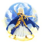  1girl alice_schuberg armor armored_boots armored_dress blonde_hair blue_cape blue_dress blue_eyes boots bow breastplate cape dress faulds floating_hair full_body hair_bow hairband highres holding holding_sword holding_weapon long_hair looking_at_viewer official_art osmanthus_blade ponytail shoulder_armor sidelocks solo spaulders standing sword sword_art_online transparent_background v-shaped_eyebrows very_long_hair weapon white_bow white_hairband yellow_footwear 