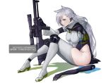  1girl animal_ears blue_eyes braid breasts chinese commentary commentary_request disembodied_limb earpiece girls_frontline gun high_heels injury jacket knee_pads ksvk_(girls_frontline) ksvk_12.7 large_breasts legs long_hair looking_at_viewer magazine_(weapon) mechanical_arm pandea_work rifle scope smile translation_request weapon 