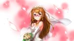  1girl bouquet breasts brown_eyes brown_hair cleavage crescent crescent_earrings dress earrings flower glasses gloves jewelry kantai_collection long_hair looking_at_viewer medium_breasts mochizuki_(kantai_collection) necklace petals pink-framed_eyewear pink_background randle simple_background solo upper_body veil very_long_hair white_background white_dress white_gloves 