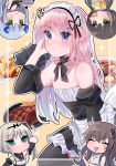  5girls absurdres an-94_(girls_frontline) artist_request blush bowl closed_eyes commentary_request embarrassed food french_fries girls_frontline highres hk416_(girls_frontline) korean_commentary laughing maid maid_headdress multiple_girls noodles plate pot ramen ro635_(girls_frontline) scar scar_across_eye shrimp shrimp_tempura st_ar-15_(girls_frontline) steak takoyaki tempura ump45_(girls_frontline) 