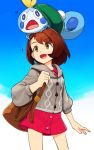  ! !? :d :o animal animal_on_head backpack bag blue_sky brown_eyes brown_hair cardigan creatures_(company) day female_protagonist_(pokemon_swsh) game_freak gen_8_pokemon gradient_sky green_hat hat highres long_sleeves looking_afar nintendo on_head open_mouth outdoors pokemon pokemon_(game) pokemon_swsh randle red_shirt shirt short_hair sky smile sobble standing 