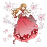  1girl :d asuna_(sao) braid brown_eyes brown_hair crown_braid floating_hair full_body gloves hair_ornament highres long_hair long_skirt long_sleeves looking_at_viewer official_art open_mouth outstretched_arms pink_skirt print_skirt shiny shiny_hair shirt skirt skirt_hold smile solo sword_art_online transparent_background very_long_hair white_gloves white_shirt 