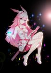  1girl animal_ears bangs bare_arms bare_shoulders blue_eyes bow breasts collarbone commentary_request dress eyebrows_visible_through_hair fishnets fox_ears full_body glass hair_between_eyes hat highres holding holding_weapon honkai_(series) honkai_impact_3 large_breasts long_hair looking_at_viewer pink_hair pumps single_thighhigh solo sword thigh-highs water weapon white_dress white_footwear white_legwear wristband wu_yao_jun yae_sakura_(honkai_impact) 