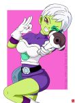  aiming_at_viewer bag breasts cheelai chris_re5 dragon_ball dragon_ball_super dragon_ball_super_broly gloves green_skin grin gun medium_breasts one_eye_closed scouter short_hair signature smile twitter_username violet_eyes weapon white_gloves white_hair 