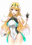  1girl bangs bare_shoulders blonde_hair blush breasts cawang competition_swimsuit earrings gem hair_ornament headpiece highres mythra_(xenoblade) jewelry large_breasts long_hair looking_at_viewer nintendo one-piece_swimsuit open_mouth pose simple_background smile solo swept_bangs swimsuit teeth tiara very_long_hair xenoblade_(series) xenoblade_2 yellow_eyes 