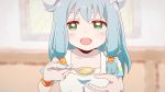  1girl 28meronpan apron beret blue_hair blurry blurry_background bracer commentary endro! feeding food green_eyes hat looking_at_viewer meiza_endust pov solo soup spoon 