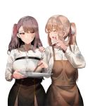  2girls asymmetrical_wings blush brown_hair character_request closed_eyes crying girls_frontline hand_on_another&#039;s_head highres ihobus long_hair multiple_girls pantyhose ponytail purple_hair red_eyes side_ponytail smile sweatdrop wa2000_(girls_frontline) white_background wings 