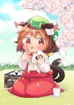 1girl :3 :p animal_ear_fluff animal_ears blanket blue_sky blurry blush bow brown_hair cat_ears cat_tail chen cherry_blossoms clouds commentary_request cup day depth_of_field eating food food_on_face food_on_finger frilled_skirt frills grass hat high_collar highres holding holding_food ibaraki_natou jewelry long_sleeves looking_at_viewer messy mob_cap mochen multiple_tails obentou onigiri outdoors petals picnic red_eyes red_skirt red_vest rice rice_on_face seiza shirt short_hair single_earring sitting skirt sky solo tail tongue tongue_out touhou tree_branch vest white_bow white_neckwear white_shirt 