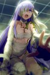  1girl bandage bandage_over_one_eye bandaged_arm bandaged_hands bandaged_head bandaged_leg bandages bound breasts cis05 collarbone commentary_request eyebrows_visible_through_hair fate/extra fate/extra_ccc fate/extra_ccc_fox_tail fate/grand_order fate_(series) hair_between_eyes hair_ribbon kingprotea long_hair looking_down medium_breasts naked_bandage one_eye_covered open_hand open_mouth purple_hair ribbon ribbon_bondage sarashi solo very_long_hair violet_eyes 