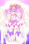  1girl :d ^_^ angel_wings closed_eyes closed_eyes collarbone commentary_request crossed_legs cure_star dress earrings feathered_wings full_body glowing hair_ornament halo hand_on_own_chest hoshina_hikaru jewelry legs_crossed long_hair magical_girl noise_(tsuzuki) open_mouth pink_hair pink_legwear precure single_thighhigh smile solo star star_twinkle_precure thigh-highs twintails v-shaped_eyebrows watson_cross wings wristband 