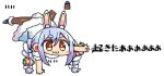  1girl :3 animal_ears bangs blue_footwear blue_hair blush bow braid brown_eyes brown_legwear bunny_girl bunny_tail carrot_hair_ornament chibi closed_mouth don-chan_(hololive) dress eyebrows_visible_through_hair food_themed_hair_ornament full_body fur-trimmed_dress fur_trim hair_between_eyes hair_bow hair_ornament handstand hololive kanikama lowres multicolored_hair pantyhose puffy_short_sleeves puffy_sleeves rabbit_ears short_eyebrows short_sleeves sidelocks simple_background tail thick_eyebrows translation_request twin_braids twintails two-tone_hair usada_pekora virtual_youtuber white_background white_bow white_dress white_hair 