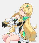  1girl bangs bare_shoulders blonde_hair blush breasts cleavage closed_mouth dress earrings elbow_gloves eyebrows_visible_through_hair gem gloves green_background grey_background grimmelsdathird hair_ornament headpiece highres mythra_(xenoblade) jewelry large_breasts long_hair nintendo one_eye_closed pose simple_background sitting solo stretch swept_bangs tiara very_long_hair white_dress xenoblade_(series) xenoblade_2 yellow_eyes 