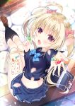  1girl bag blonde_hair blue_serafuku blush brown_eyes candy candy_wrapper checkered checkered_neckwear cherry_blossoms commentary_request eyebrows_visible_through_hair food hair_between_eyes hair_ribbon highres holding_candy ko_yu legs_together looking_at_viewer looking_back moe2019 open_mouth original outdoors outstretched_arm ribbon shoulder_bag sitting_on_bench twintails uniform 