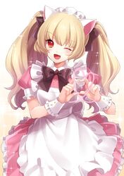  ;d animal_ears apron black_bow black_neckwear blonde_hair bow cat_ears collared_shirt dress_shirt eyebrows_visible_through_hair hair_bow head_tilt heart heart_hands long_hair looking_at_viewer maid maid_headdress multiple_girls one_eye_closed open_mouth pink_shirt pink_skirt red_eyes shiny shiny_hair shirt short_sleeves simple_background skirt smile solo sparkle standing takamiya_ren thousand_memories twintails white_apron white_background 