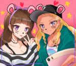  2girls :p amamiya_erena amanogawa_kirara animal_ears bangs baseball_cap black_hat black_shirt blonde_hair blurry blurry_foreground breasts brown_hair cellphone chest_tattoo cleavage closed_mouth collarbone commentary_request dark_skin depth_of_field ear_piercing earrings eyebrows_visible_through_hair fake_animal_ears go!_princess_precure green_hoodie hairband hand_up hat heart holding holding_phone hood hoodie hoop_earrings jewelry long_hair long_sleeves looking_at_viewer medium_breasts mole mole_under_eye multiple_girls nail_polish necklace open_clothes open_hoodie phone piercing pink_background precure purple_hairband red_nails rudo_(rudorudo0917) self_shot shiny shiny_hair shirt sidelocks sleeves_past_wrists smartphone smile star star_twinkle_precure striped striped_shirt tattoo tongue tongue_out upper_body v violet_eyes whisker_markings white_shirt 