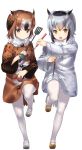  2girls bird_tail bird_wings black_hair blonde_hair brown_eyes brown_hair buttons chopsticks coat commentary_request eurasian_eagle_owl_(kemono_friends) full_body fur_collar grey_hair head_wings highres kemono_friends ladle long_sleeves multicolored_hair multiple_girls mushroom northern_white-faced_owl_(kemono_friends) open_mouth pantyhose short_hair spatula standing standing_on_one_leg tadano_magu white_hair wings yellow_eyes 
