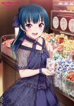  alternate_hairstyle blue_dress candy chocolate copyright_name dress food highres lindor_truffles lindt love_live! love_live!_sunshine!! official_art ponytail poster product_placement tsushima_yoshiko 