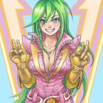  belt blush bodysuit breasts cleavage combatler_v combattler_v earrings gloves green_eyes green_hair grin jewelry lipstick lipsticks long_hair nanbara_chizuru necklace pilot_suit pipipi smile teeth zipper 