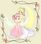  bare_shoulders barefoot bishoujo_senshi_sailor_moon blonde_hair chibi_usa crescent crescent_moon double_bun double_buns dress feet gown mother_and_daughter multiple_girls nako pink_hair princess_serenity short_twintails small_lady_serenity toes tsukino_usagi twintails wings 