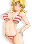  blonde_hair blue_eyes breasts funky-harem headband lune_zoldark shiny shiny_skin short_hair shu-z simple_background striped striped_bikini striped_swimsuit super_robot_wars super_robot_wars_original_generation super_robot_wars_the_lord_of_elemental swimsuit 