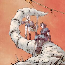  1boy 1girl clawed_boots fantasy from_below gauntlets gloves highres holding holding_polearm holding_weapon lizard_tail looking_afar migamigami multi-tied_hair orange_background original outdoors polearm short_sleeves sitting skirt spikes standing tail weapon white_hair 