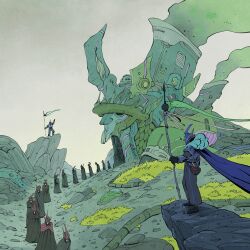  architecture arm_up armor bag black_cloak building cape cloak fantasy grass helmet highres holding holding_polearm holding_weapon long_sleeves migamigami on_rock original outdoors polearm queue rock sky smoke weapon 