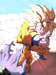  2boys blonde_hair blue_boots blue_sash blue_shirt boots cell_(dragon_ball) dougi dragon_ball dragon_ball_z green_eyes highres instant_transmission kamehameha_(dragon_ball) looking_at_viewer male_focus medium_hair multiple_boys orange_pants orange_shirt pants pato007711 pov sash shirt solo_focus son_goku spiky_hair super_saiyan super_saiyan_1 
