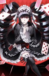  1girl absurdres black_hair black_jacket black_nails bonnet card celestia_ludenberg claw_ring danganronpa:_trigger_happy_havoc danganronpa_(series) drill_hair earrings frilled_jacket frills fu_iwashibou gothic_lolita headdress highres holding holding_card jacket jewelry layered_skirt lolita_fashion long_hair long_sleeves looking_at_viewer nail_polish necktie playing_card red_eyes shirt skirt smile solo twin_drills twintails v-bangs 