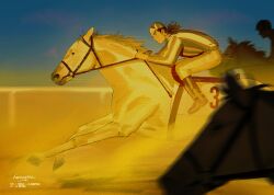  2boys blue_sky blurry blurry_foreground boots golden_kamuy hat horse_racing horseback_riding jockey kiroranke male_focus motion_lines multiple_boys naruysae outdoors pants ponytail racing riding shirt sideburns signature sky striped_clothes striped_shirt 