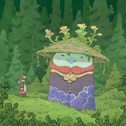  1girl ajirogasa apron cloak closed_eyes dress fantasy flower forest gold_collar grass hat highres holding holding_watering_can long_sleeves migamigami monster nature on_grass original outdoors plant smile veil vines watering_can white_apron wide_shot 