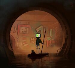  1other afloat almirgusic animal artist_name cable cat fog graffiti holding humanoid_robot pole robot rowing sewer signature silhouette television urban water wide_shot 