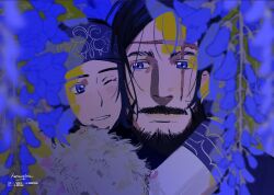  1boy 1girl asirpa beard blue_flower facial_hair father_and_daughter flower golden_kamuy grin headband hug mustache naruysae one_eye_closed scar scar_on_face signature smile wilk_(golden_kamuy) wisteria 