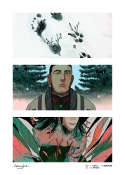  1boy 1girl beard black_hair closed_mouth earrings facial_hair footprints fox_pelt golden_kamuy grey_eyes highres inkarmat jewelry mature_male naruysae outdoors paw_print pelt short_hair signature smile sprout tanigaki_genjirou winter 