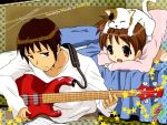  bass_guitar bed brother_and_sister brown_eyes brown_hair cat cat_on_head guitar highres instrument kyon kyon_no_imouto pajamas shamisen shamisen_(suzumiya_haruhi) short_hair siblings suzumiya_haruhi_no_yuuutsu 