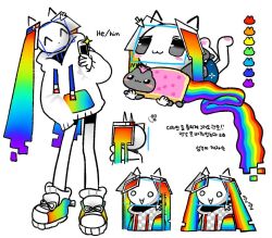 1boy bomal1215 cellphone character_pronouns cursor emoticon flip_phone full_body hood hoodie korean_text long_hair long_sleeves male_focus multicolored_hair multiple_views nyan_cat original phone rainbow_hair rainbow_shoes translation_request twintails very_long_hair white_hoodie 